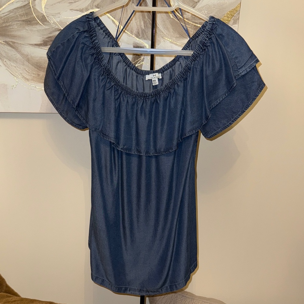 Halston Denim Blue Ruffle Blouse